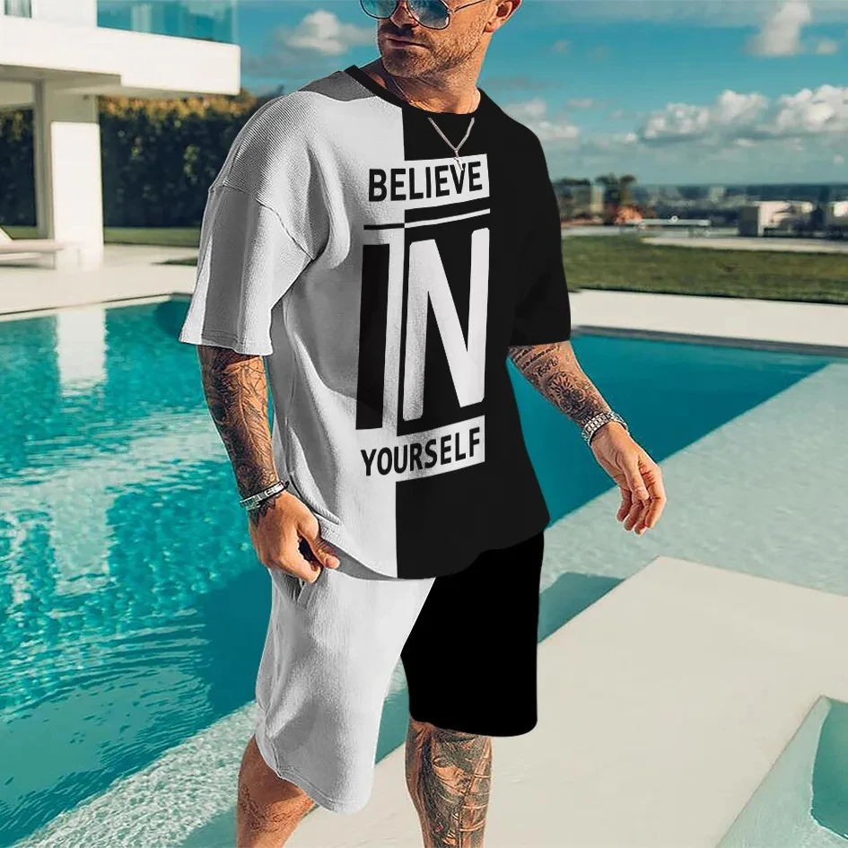 新しい夏のメンズトラックスーツ自分自身を信じて Tシャツショーツセットスポーツ衣装ジョギングスーツ特大服アウトドアストリート