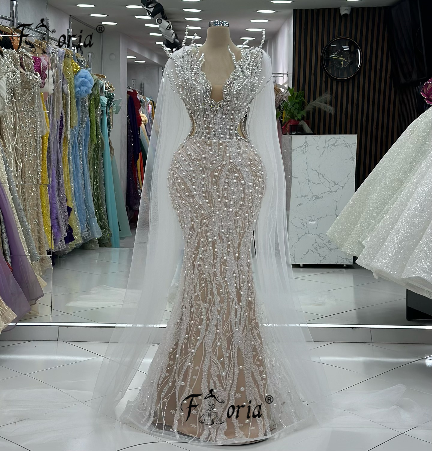 Luxury Dubai Beaded Pearls Evening Dresses Long Cape Sleeves Ivory Champagne Lace 3D Mermaid Wedding Dress vestidos de novia