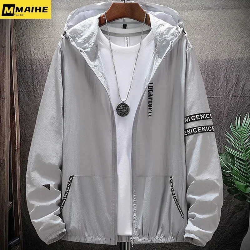 Casaco UV ultra leve de proteção solar masculino, blusão com capuz, outwear casual listrado, casacos de pele de verão, tamanho grande, SPF, 8XL, 9XL