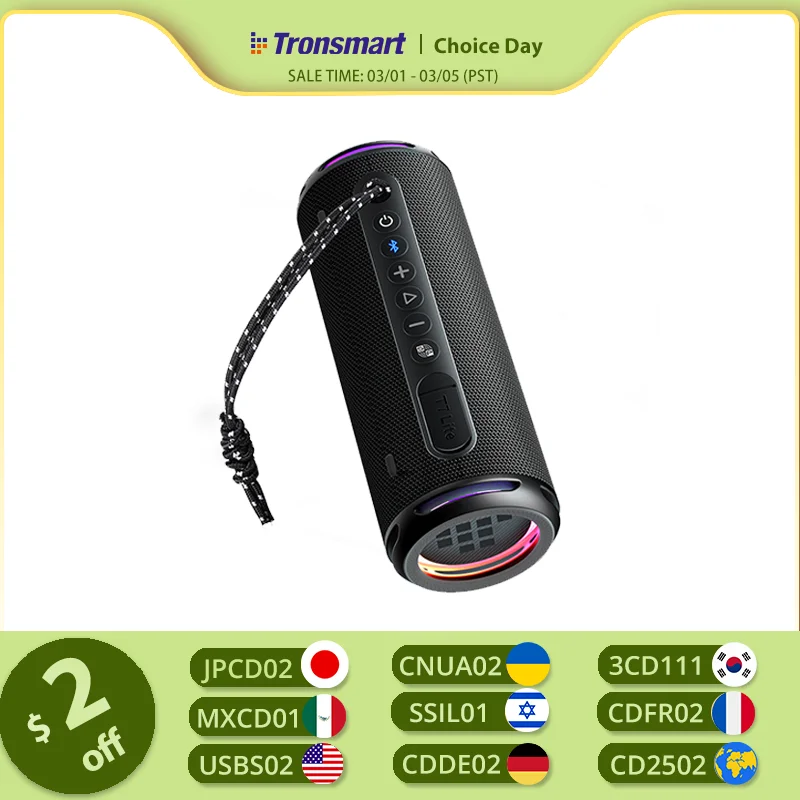 Tronsmart T7 Lite Bluetooth-Lautsprecher, verbesserter Bass, tragbarer Lautsprecher mit 24-Stunden-Spielzeit, APP-Steuerung, IPX7 wasserdicht für Camping