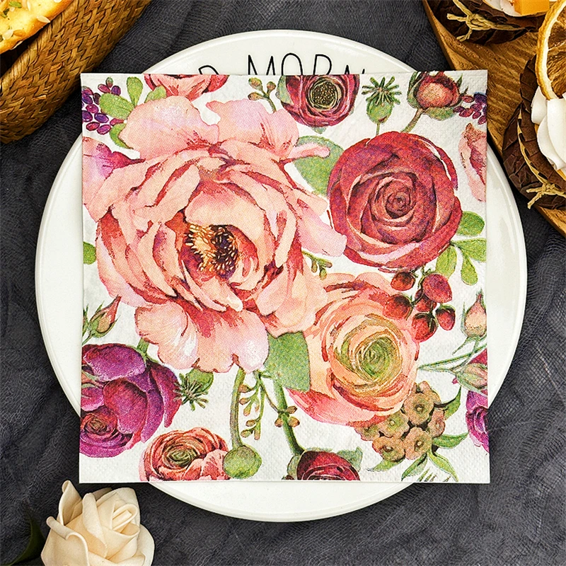 Restaurant gehobene bunte Druckpapier Serviette Rose Serviette Haushalt Tisch Mund Stoff 33cm Gesichts tuch Papier 20 stücke/Pac