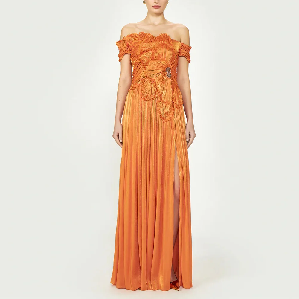 Orangefarbenes Abendkleid, schulterfrei, mit Falten, A-Linie, sexy Abschlussball, formelles Partykleid, Oberschenkelschlitz, bodenlanges Abendkleid, individuell gestaltet