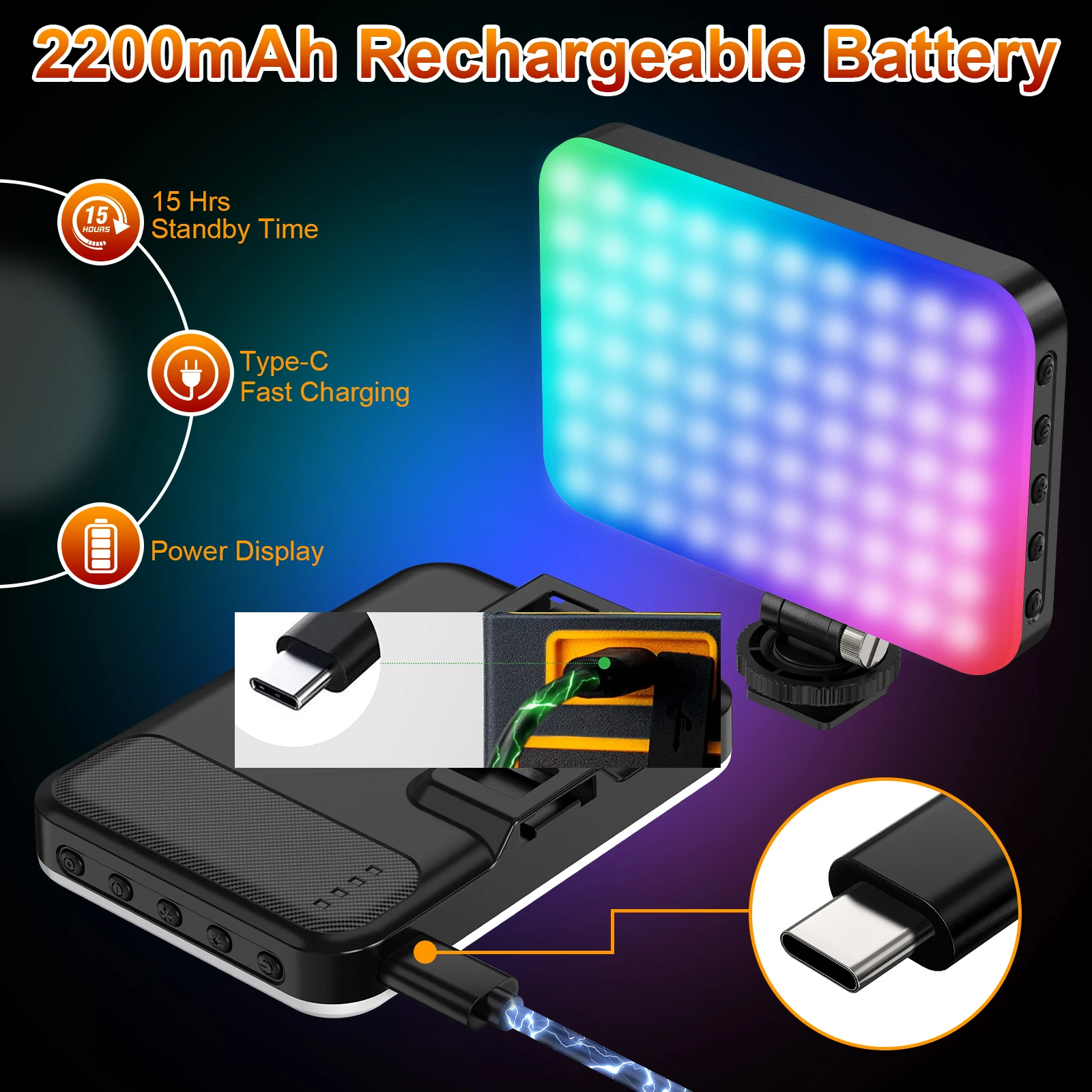 108 LED RGB Luz de câmera com saída colorida Kit de luz de vídeo regulável 2500K-9000K Painel de luz bicolor CRI 95 + recarregável