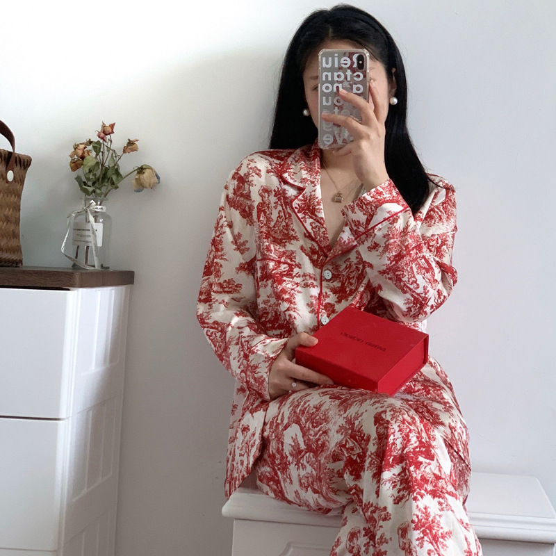 Conjunto de Pijamas con estampado de flores para mujer, ropa de dormir de 2 uds., trajes de pantalón para primavera y verano, ropa de salón, ropa de casa holgada de satén, traje de Pijamas