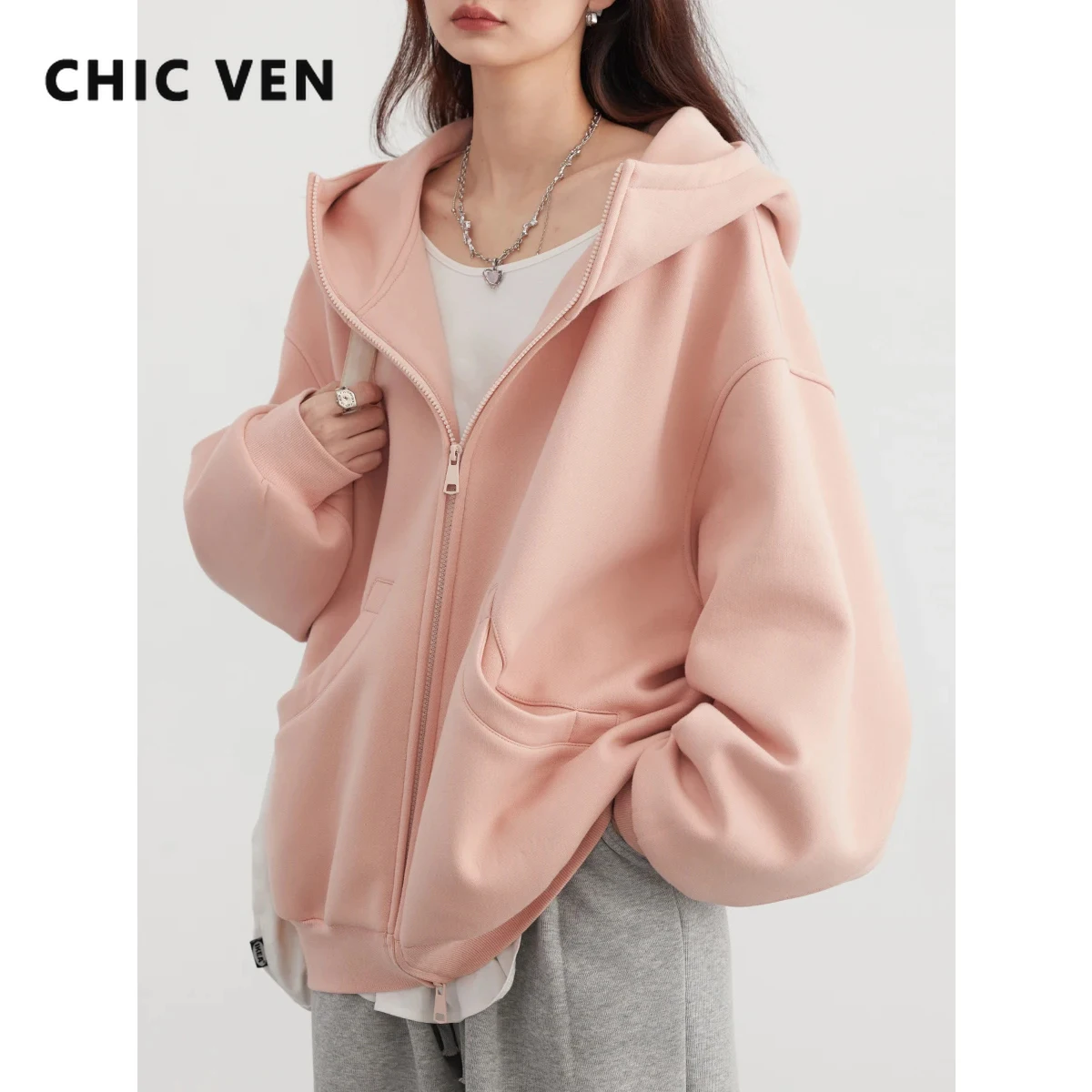 CHIC VEN-Sudadera holgada de manga larga con capucha para mujer, suéter de felpa con doble cremallera, abrigo de gran tamaño, informal, primavera y otoño, 2024