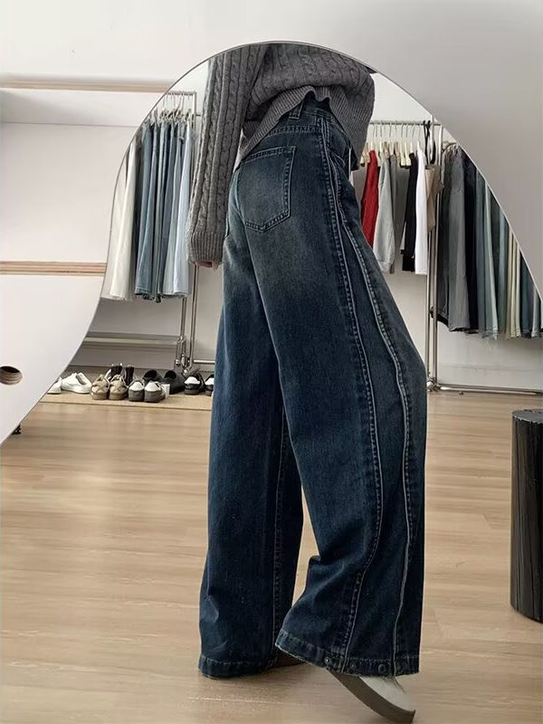 Calças Jeans Fenas Plus Size Retrô Americanas das de Perna Larga, Soltas e Retas, Efeito Emaecedor, Crimento Lon...