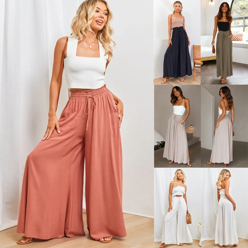 Calças femininas de verão Wde Leg com cintura elástica