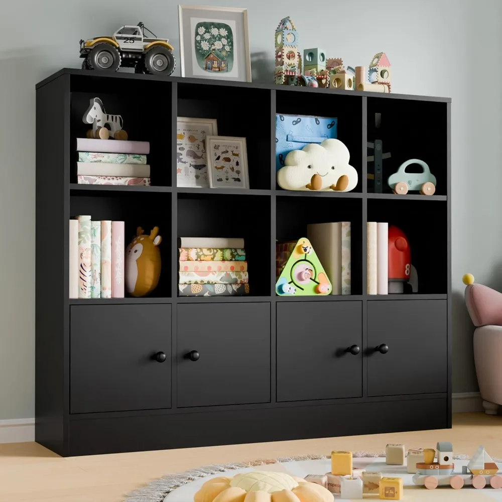 Black Wood Bookcase,12 Cube Storage Organizer Bookshelf with 4 Doors,3 Tier Storage Cabinet with Adjustable Shelves for Bedroom
