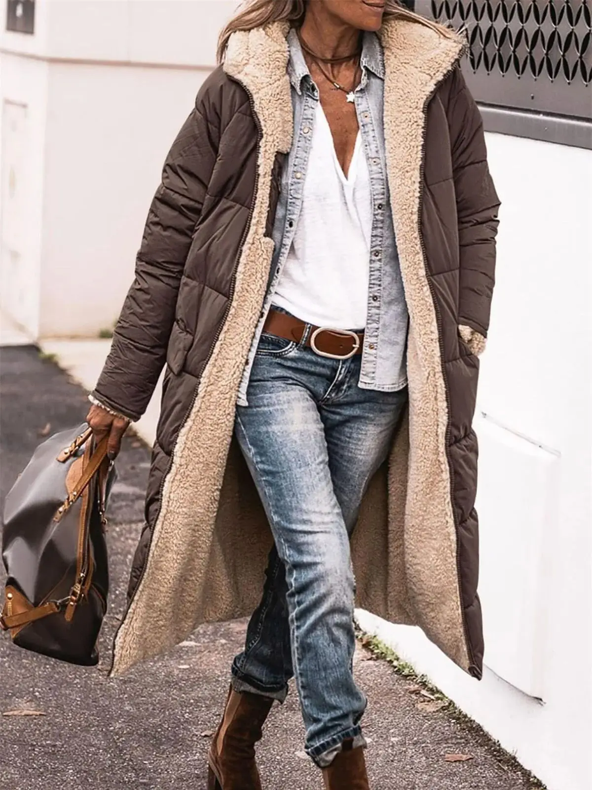 Chaqueta acolchada con capucha de invierno para mujer, abrigo grueso de manga larga Reversible liso, ropa de abrigo larga cálida a la moda, abrigos acolchados informales