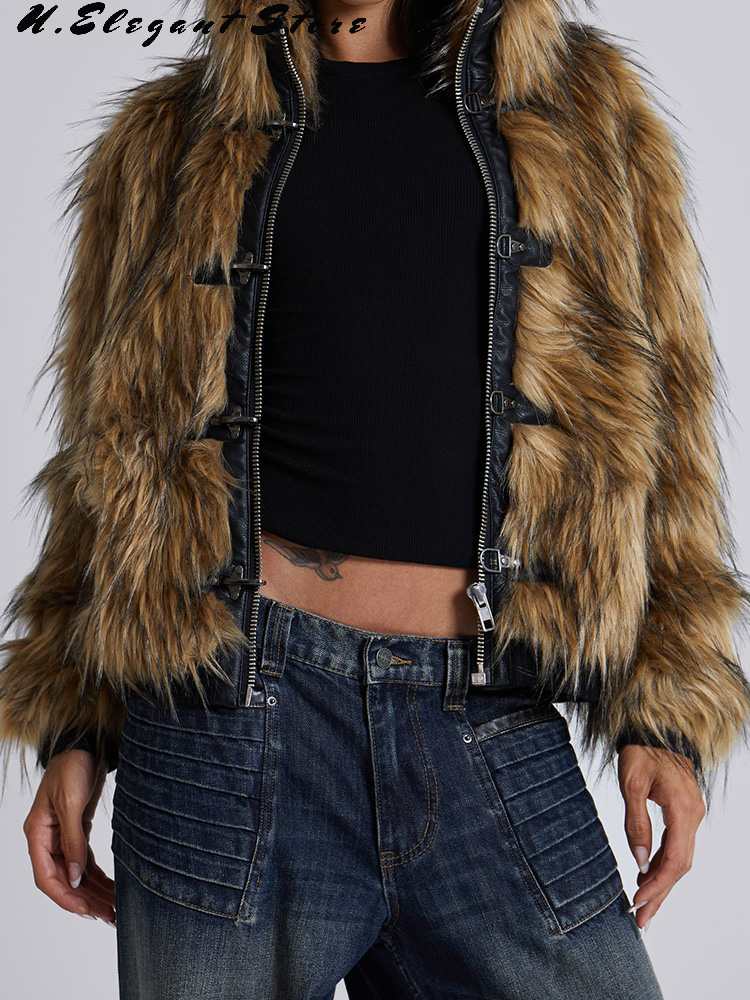 Vintage punk casaco de pele do falso para mulheres zíper manga longa jaqueta grossa 2024 inverno com capuz marrom casaco quente nova senhora y2k outerwears