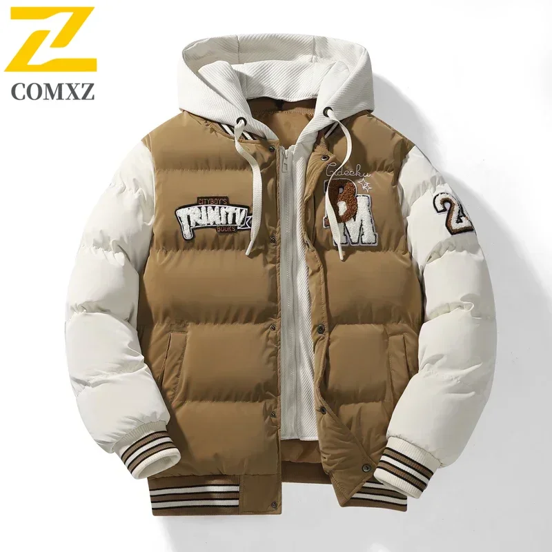 Jaqueta de beisebol de inverno 2024 novo design bordado casaco jovem ao ar livre falso 2 peças esportes masculinos jaqueta de algodão com capuz plus size