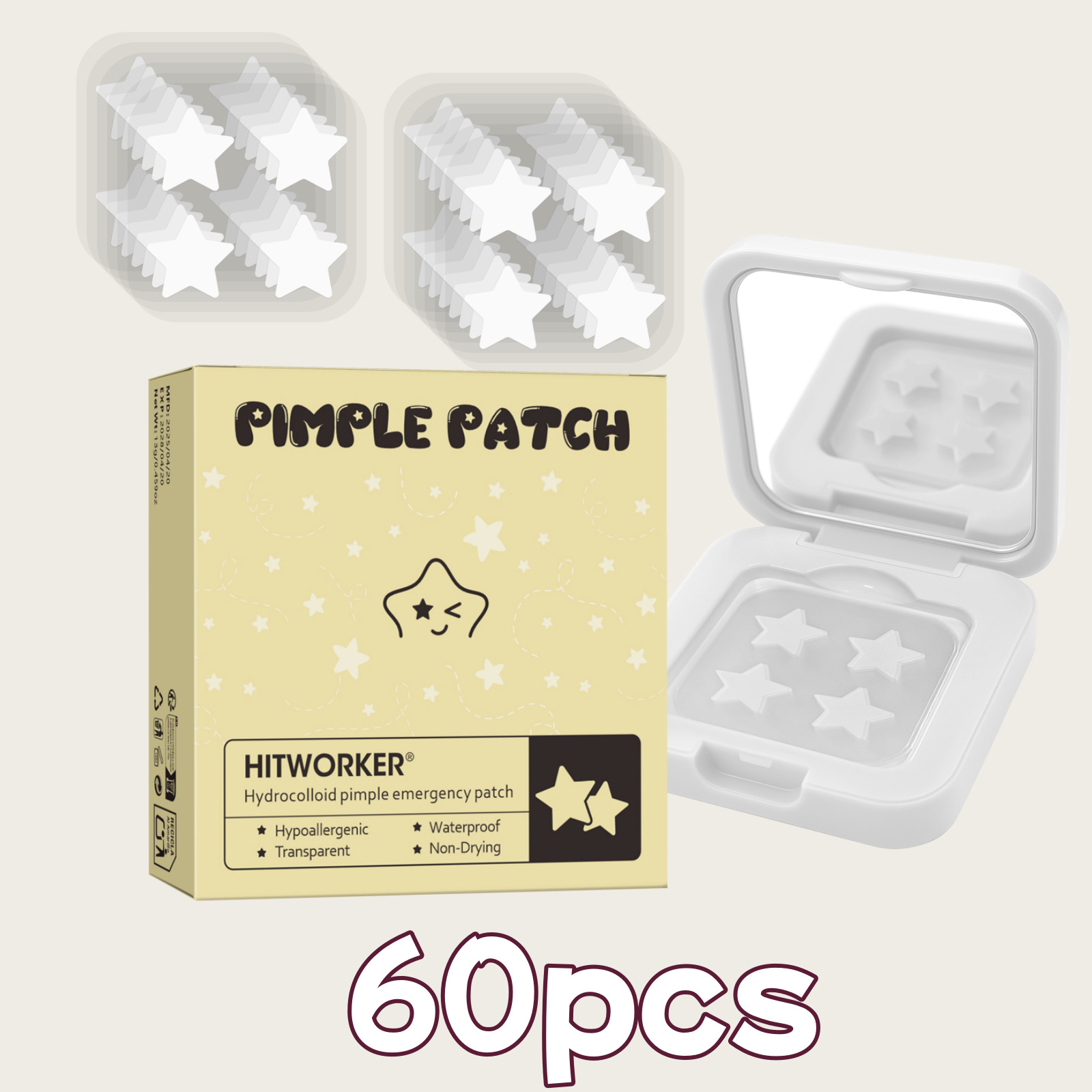 60枚入り/箱、4種類の可愛い星型デコレーションステッカー - 水性ジェルニキビカバーステッカー（化粧鏡付き）