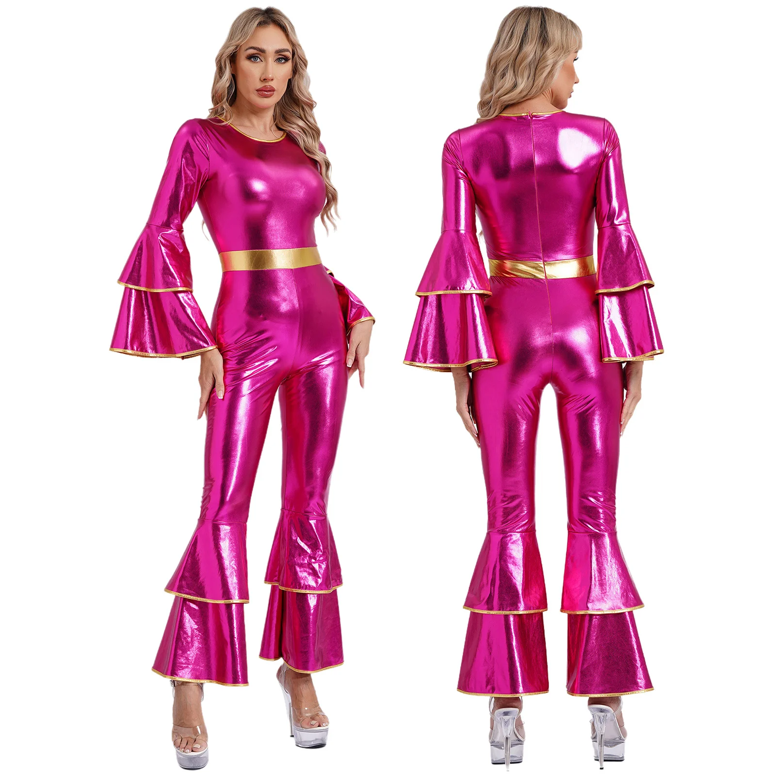 Damen 70er Jahre Disco Vintage Jumpsuit Metallic Shiny Flare Sleeve Bodysuit Hippie Bell Bottom Jazz Dance Karneval Rave Party Kostüm