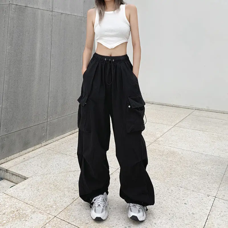 Calça casual feminina solta grande com vários bolsos, preta, multicolorida, com pernas largas