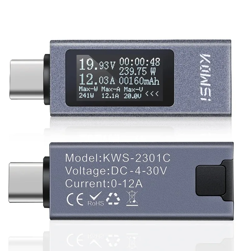 KWS-2301C Type-C 전류 및 전압 모니터 DC 4-30V 0-12A 전력계 테스터 PD 배터리 용량 디지털 LCD 디스플레이 미터