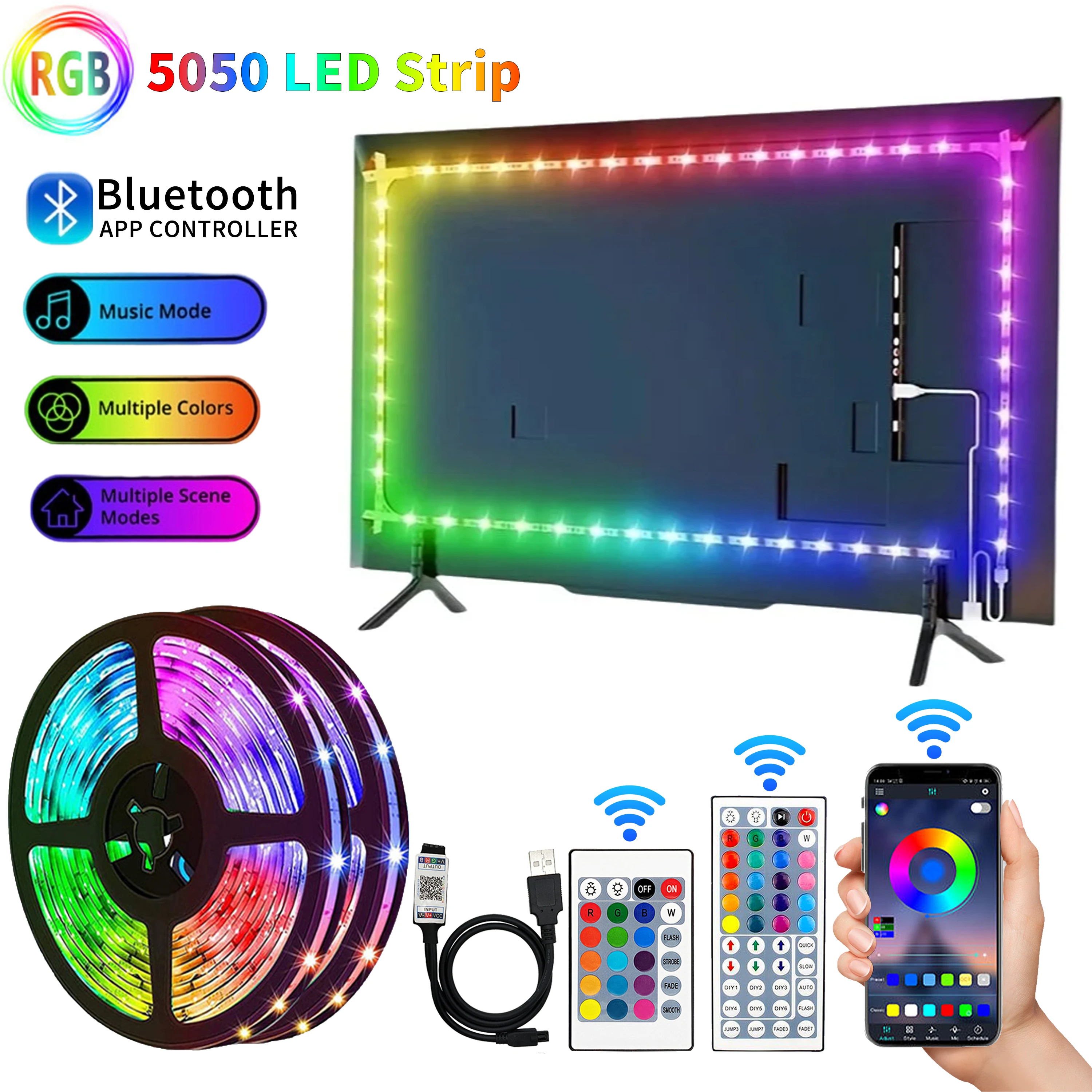 USB Bluetooth LED Strip Light SMD 5050 30leds/m 5V RGB Flexible LED Strip Bluetooth APP Control Color Change For TV background