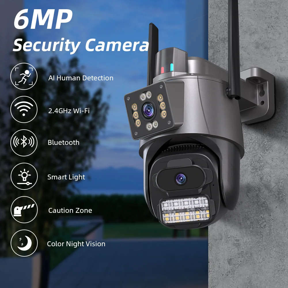 Cámara inalámbrica Wifi de doble lente PTZ de 8MP, 4K, cámara de vigilancia humana Ai para exteriores, detección de cámara IP de seguridad, seguimiento automático, aplicación iCSee