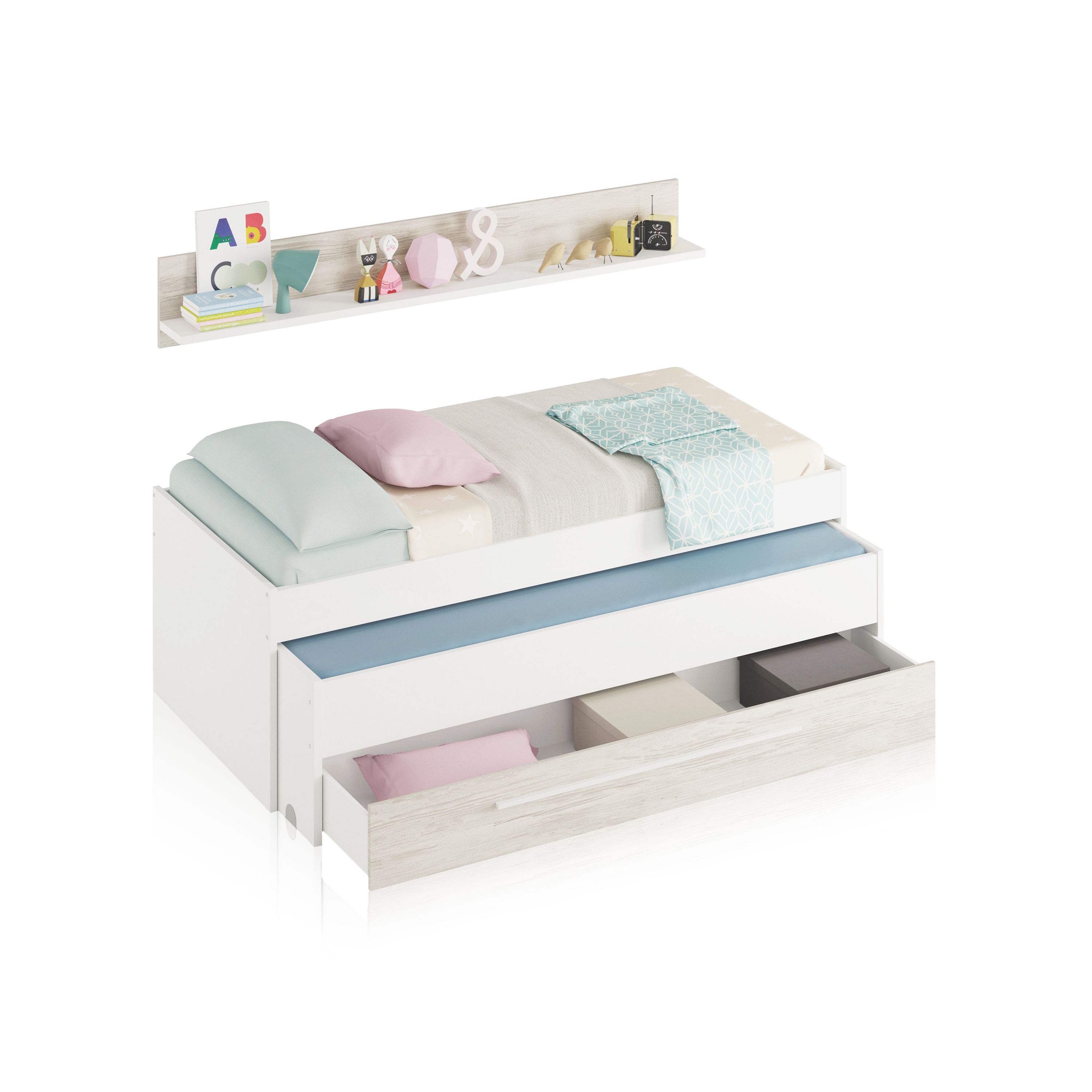 Cama nido juvenil, 2 camas + cajón + estante, cama infantil, acabado Artic blanco y velo, Medidas: