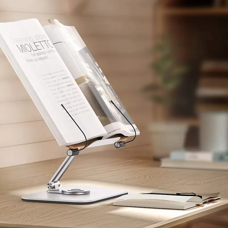 ที่วางหนังสือตั้งโต๊ะสําหรับอ่านหนังสือ 360 °   แผงไม้ฐานหมุนและคลิปหน้าพับได้และมุมสําหรับผู้ถือหนังสืออ่านหนังสือ
