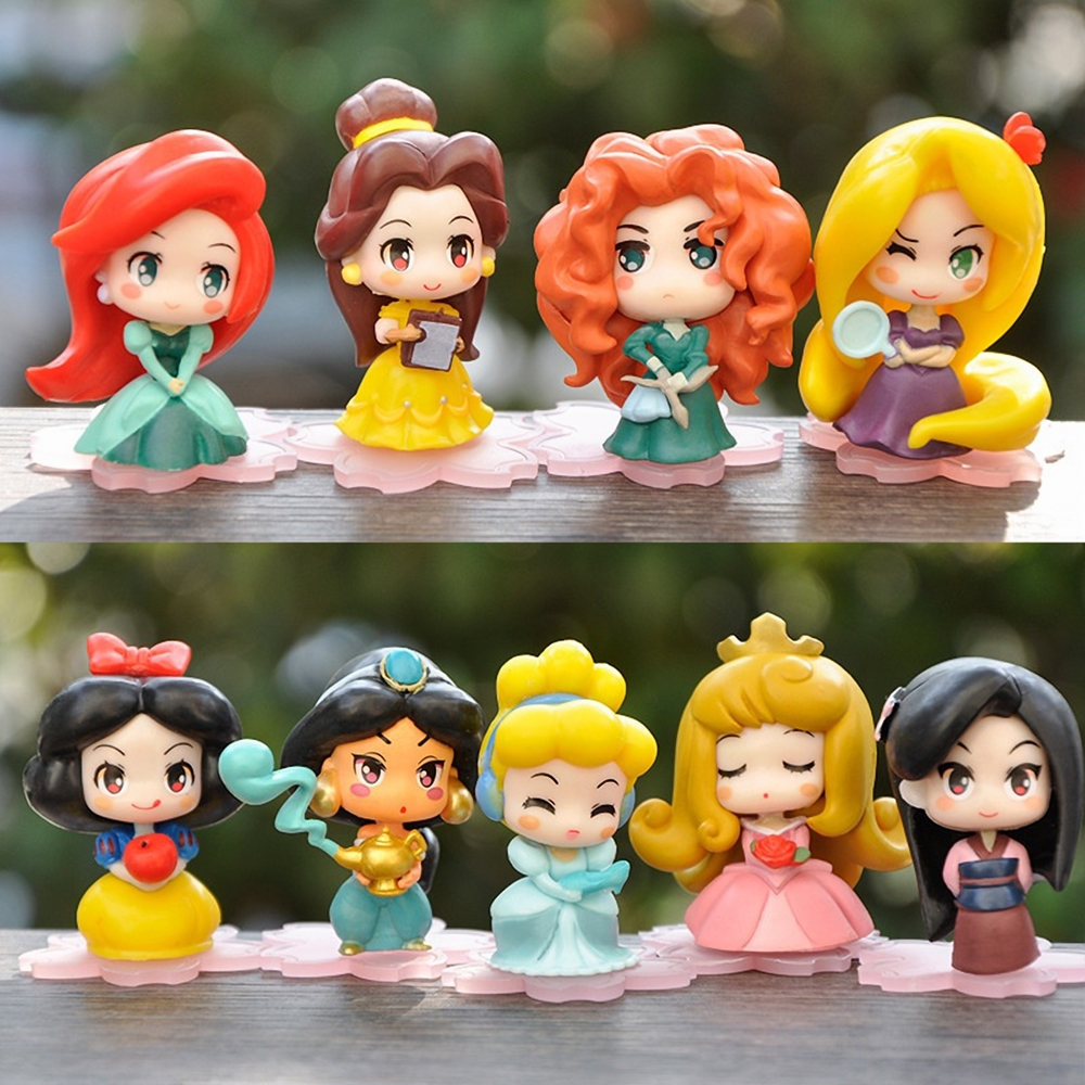 9 Teile/satz Kawaii Q Prinzessin 6 cm Rapunzel Schneewittchen Jasmin Mulan Ariel PVC Figur Kuchen Ornamente Spielzeug Kind Geschenk