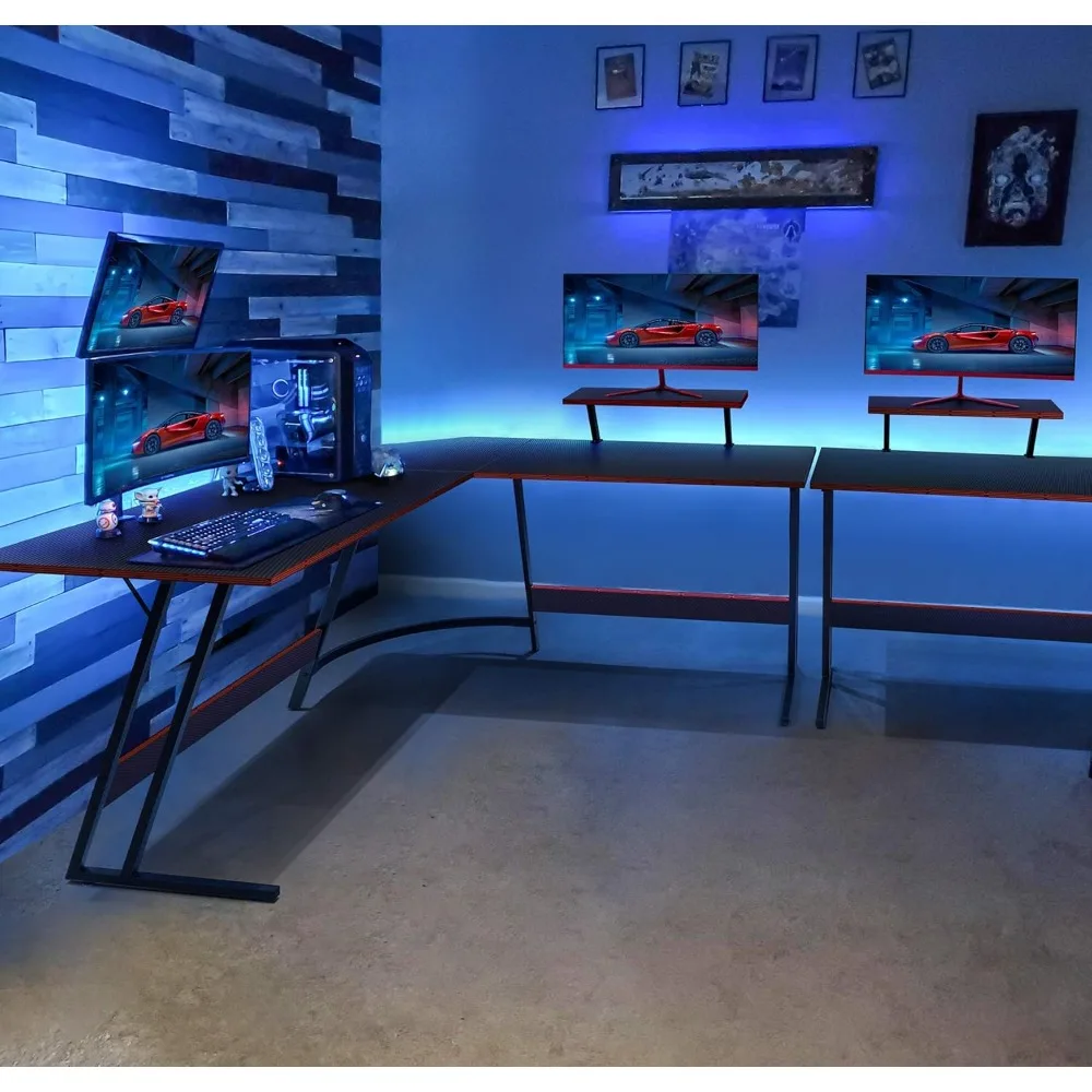 L Shaped Gaming Desk Computer Corner Desk PC Gaming Desk Table with Large Monitor Riser Stand for Home Office Sturdy Writing