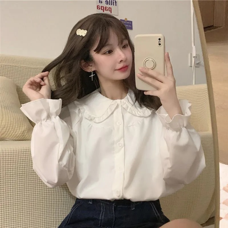 Gidyq Vintage Damen Weißes Hemd Adrette Mode Elegante Weibliche Langarmbluse Y2K Süße Kawaii All Match Shirts