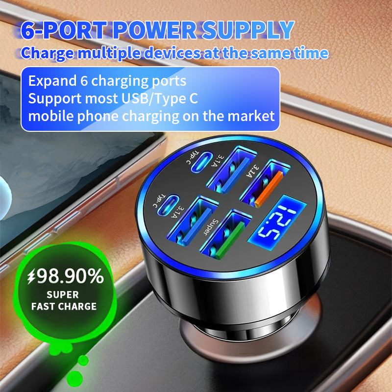 100W 6포트 차량용 충전기 고속 충전 PD Qc3.0 USB C 차량용 휴대폰 충전기 타입 C 어댑터 아이폰 삼성 화웨이 샤오미용