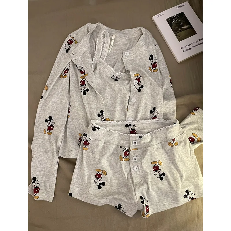 3Pcs Frauen Pyjamas Set Nette Mickey Maus Nachtwäsche Sommer Herbst Cartoon Hause Kleidung Nachthemd Set