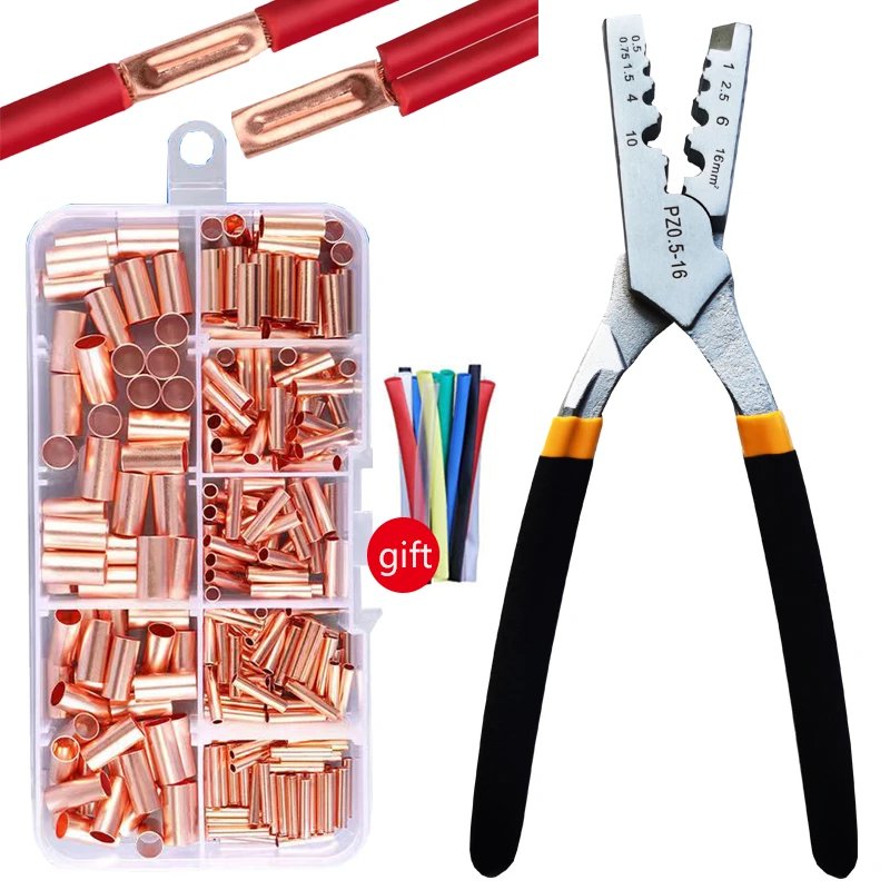 250 pz GT Tubo di Collegamento In Rame Filo Comune Piccolo Tubo di Rame Terminale Cavo Capocorda Bootlace Ghiera Kit con Pinze A Crimpare