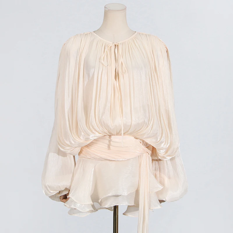 TWOTWINSTYLE Solide Verstärktes Spitze Up Lose Kleider Für Frauen O Hals Langarm Hohe Taille Temperament Kleid Weibliche Mode Neue