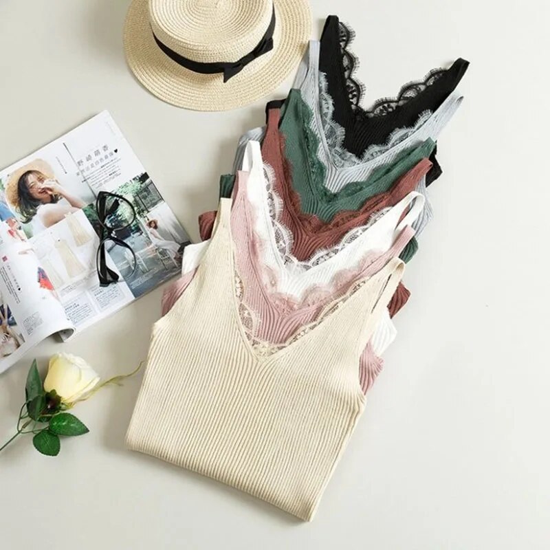 1Pc 女性のベストレーストップ V ネックソリッドニットタンクレディースノースリーブファッションレースパッチワークスリムセクシーなサスペンダー夏