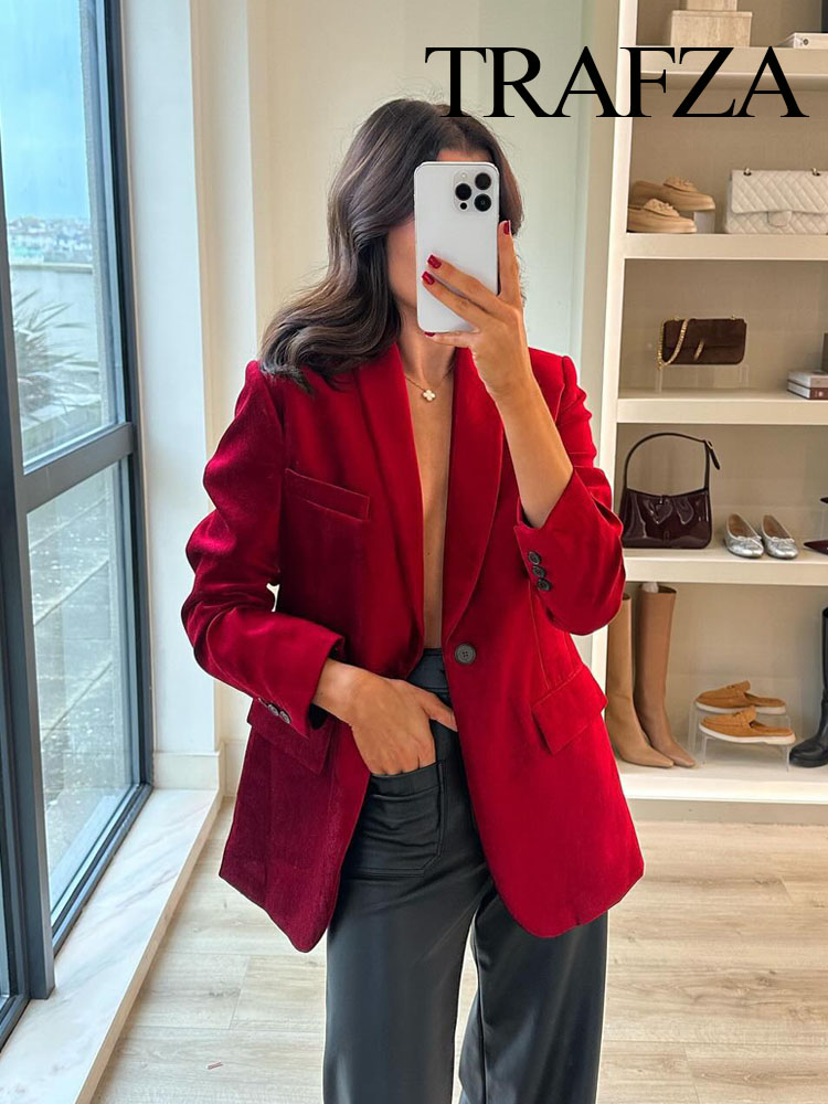 Trafza Spring Fashion Frauen Blazer rot umdrehen Kragen lange Ärmel Taschen schmücken Single Button weibliche schicke Jacke Mäntel