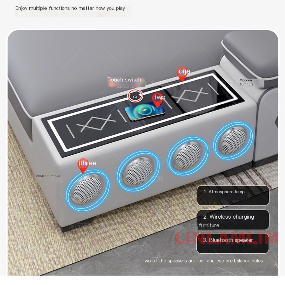 MANBAS Juego de sofás seccionales de tela científica moderna con chaise lounge, altavoces Bluetooth y puertos de carga USB para sala de estar