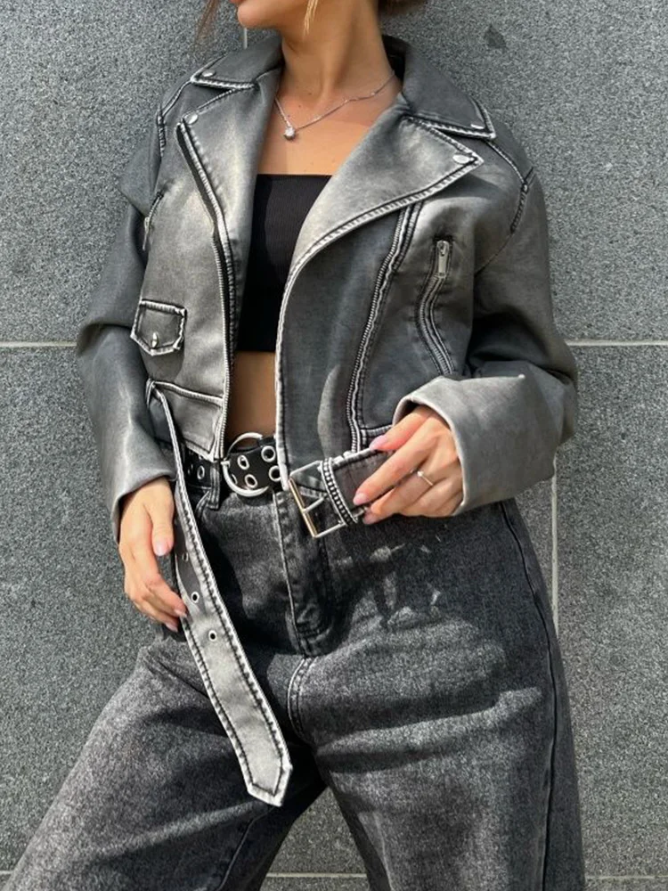 Ailegogo 春秋の女性のレトロルーズフィットショート Pu フェイクレザージャケットヴィンテージ女性モトバイカーベルトシックなコート生き抜く