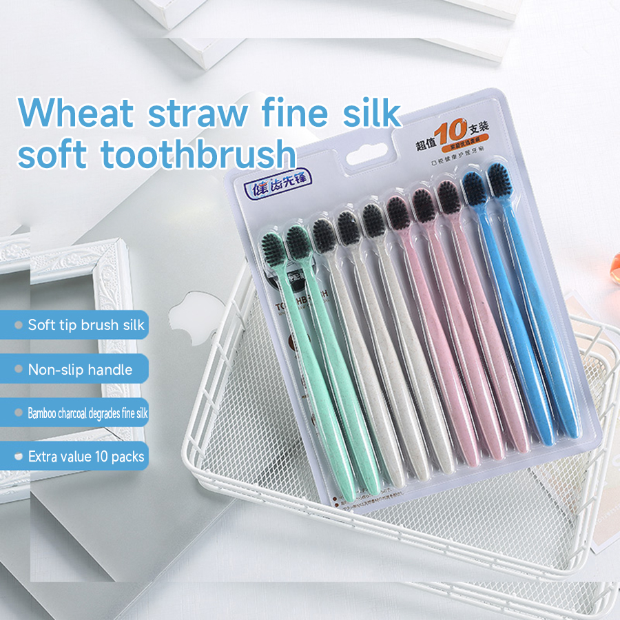 10PCS manual toothbrush with macaron colored fine thread, bamboo charcoal soft fur for deep cleaning, suitable for adults