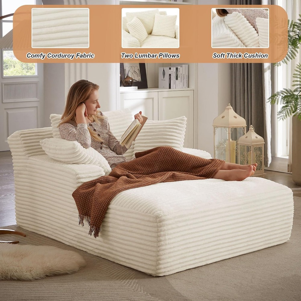 49.2" Oversized Chaise Lounge Chair,Corduroy Fabric Single Sofa Chair, Upholstered Reading Lounge Chair with Pillows No Assembly
