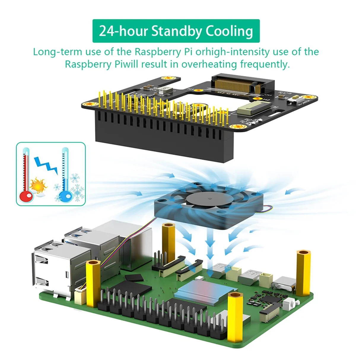 XFDE For Raspberry Pi 5 M.2 NVME to PCIe Adapter Supports M2 2230 2242 M Key NVME SSD with Cooler Automatic Discoloration LED