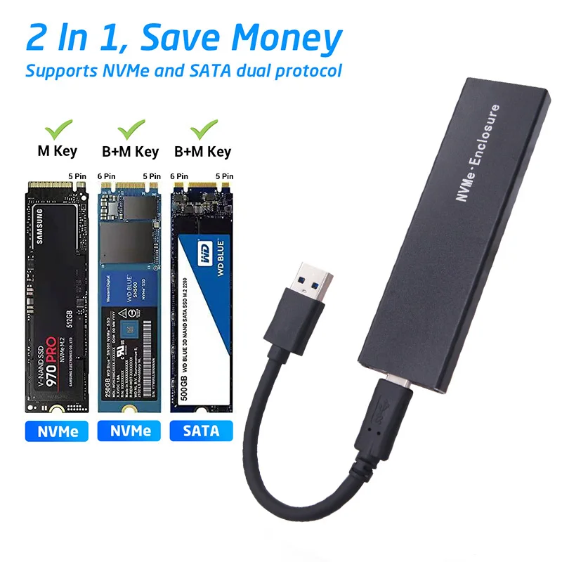 Корпус SSD с двумя протоколами M2 NVMe SATA NGFF M.2 SSD Box USB 3.1 10 Гбит/с для внешнего жесткого диска M/B+M Key M.2 SSD RTL9210B