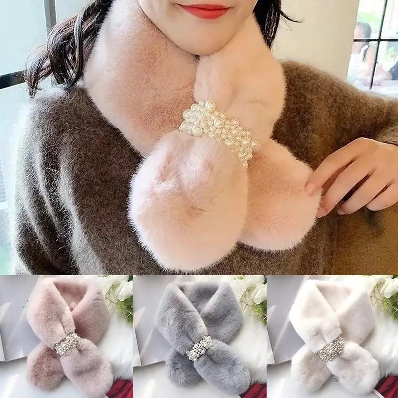 Nueva bufanda de invierno para mujer, bufanda de piel sintética de felpa con perlas, piel sintética gruesa, bufandas estéreo cruzadas cálidas, bufandas nuevas, accesorios de ropa
