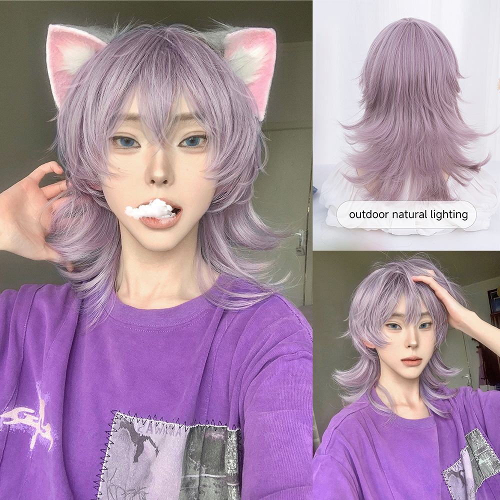 Peruca de cabelo ondulado médio sintético com estrondo para homens e mulheres, cosplay bonito, resistente ao calor, natural, cor rosa roxo, 16"