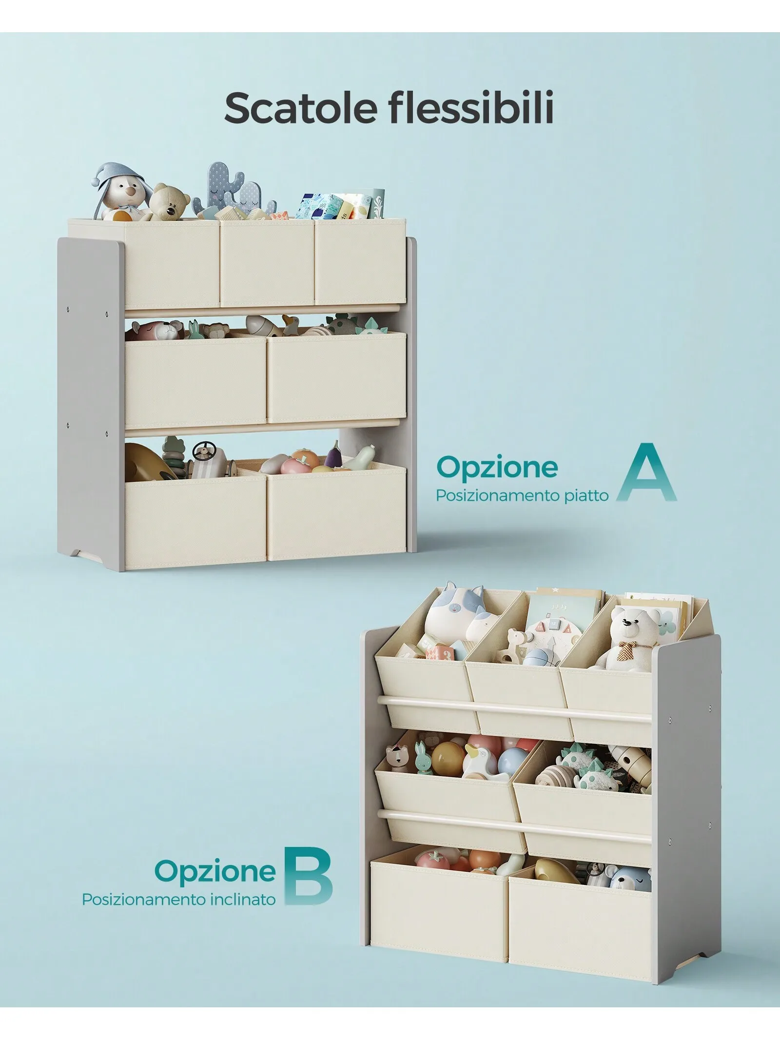 SONGMICS Libreria per bambini: libreria per bambini con 7 contenitori in tessuto non tessuto, spazioso, 29,5 x 62,5 x 60 cm, grigio colomba