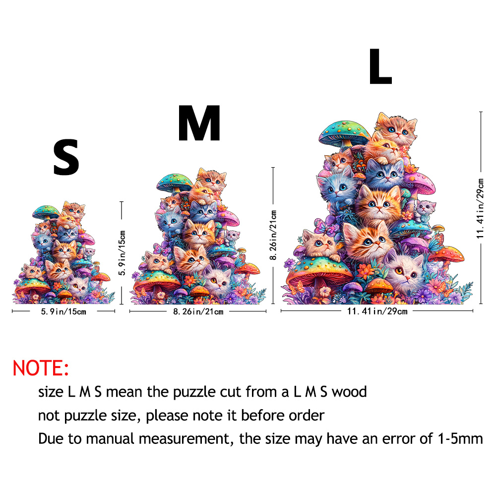 Adult wooden puzzle - Cute mushroom cat animal pattern - Unique irregular shape - Gift for puzzle enthusiasts and friends