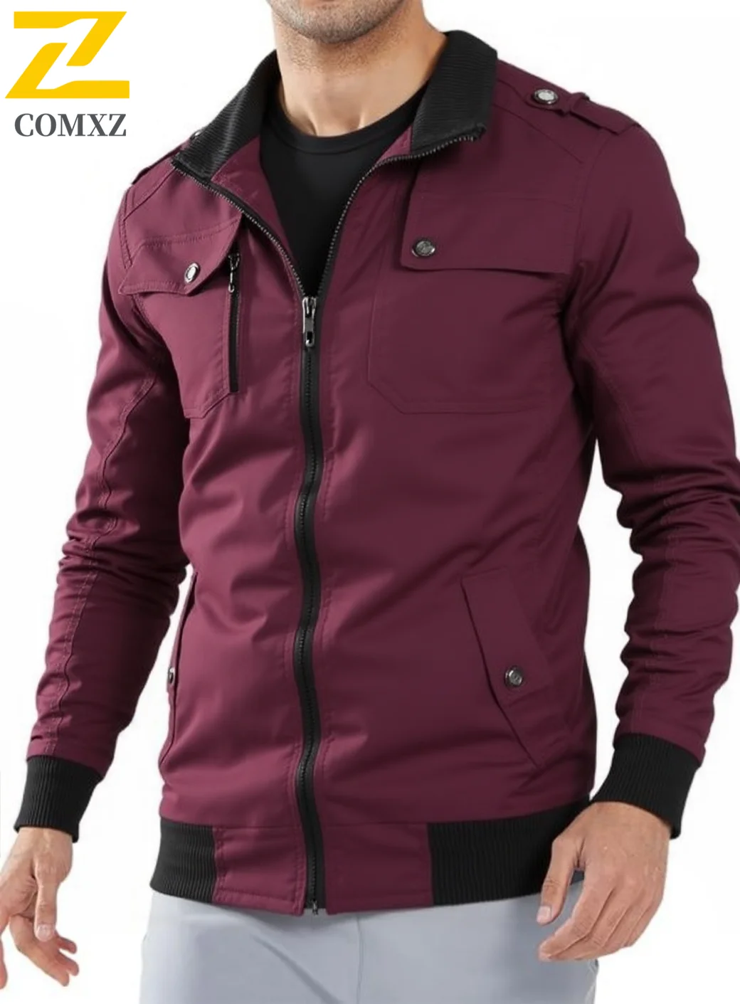 Chaqueta de algodón con cremallera completa de Color sólido para hombre, abrigo ligero de otoño de talla grande con cuello levantado, ropa de abrigo informal con múltiples bolsillos
