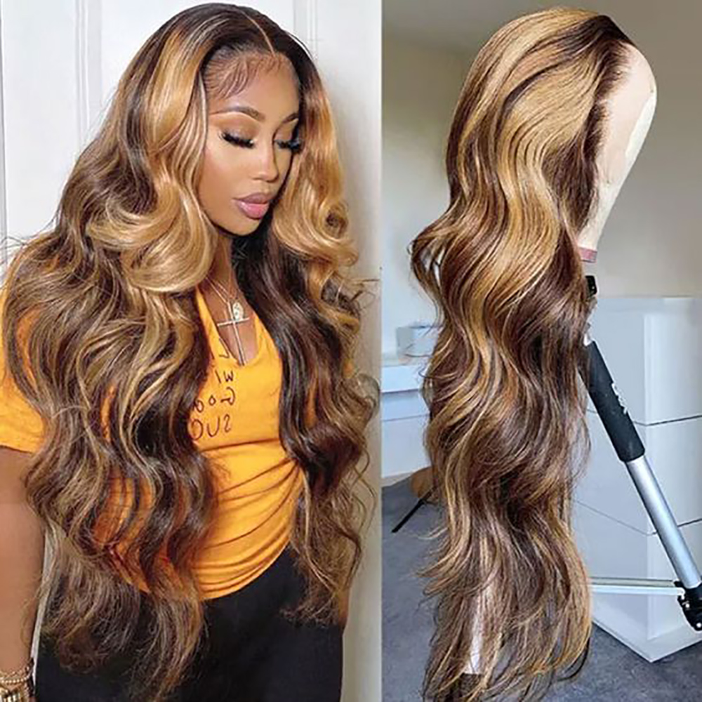 Körperwelle Highlight Perücke Echthaar Ombre Honigblond P4/27 Perücke 13x4 Transparente Lace Front Perücken Echthaar 3-5 Tage Lieferung