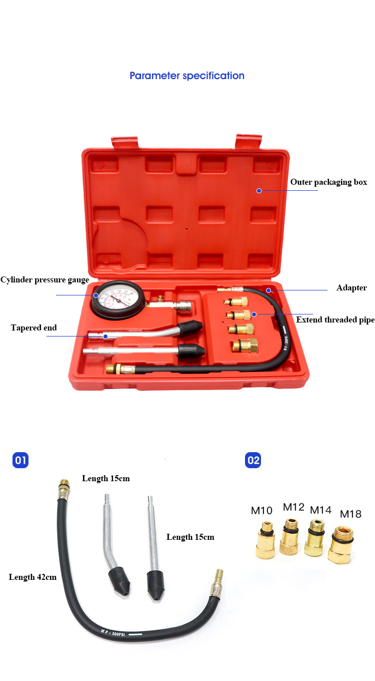 Kit de prueba de compresión de cilindro de motor, 0-300PSI con adaptador M10 M12 M14 M18 para herramienta de prueba de verificación de manómetro de motocicletas y coches