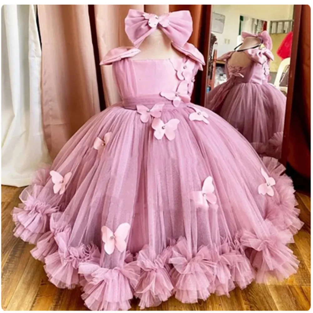 2023 결혼식을위한 귀여운 꽃의 소녀 드레스 푹신한 Tulle 3D 나비 공주 생일 파티 공 가운 첫 성찬식 드레스