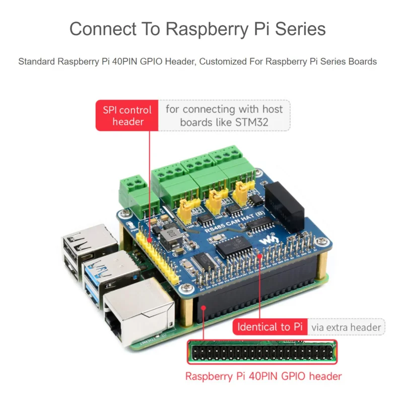 Изолированная плата расширения RS485 CAN HAT (B) CAN для Raspberry Pi 2-Ch RS485 и 1-Ch CAN Multi Protections