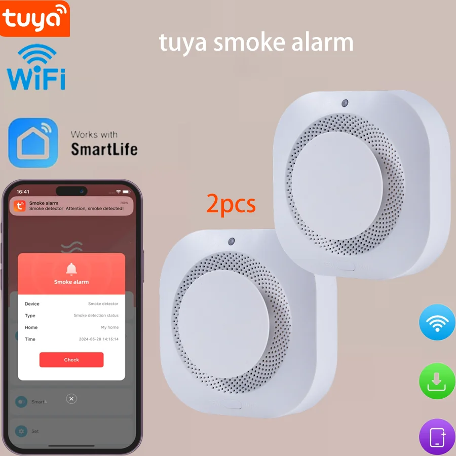 2packs Tuya WiFi Smoke Alarm Fire Protection Smoke Detector Smoke House Combination Fire Alarm Home Security System Firefighters