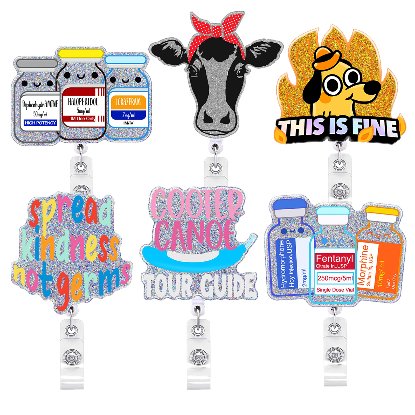 ม้วนตราพยาบาลอะคริลิกกลิตเตอร์ตัวยึดป้าย ID แบบพับเก็บได้พร้อม360หมุนได้อุปกรณ์ใส่ชื่อจระเข้