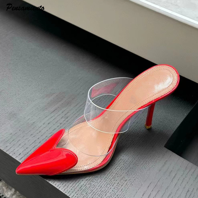 Elegante dedo do pé apontado transparente pvc coração salto alto mules chinelo sapatos femininos 2024 preto branco vermelho sapatos de luxo designer bombas